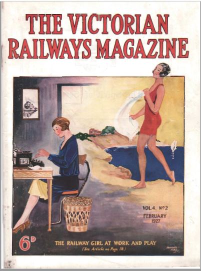 Front cover of The Victorian Railways Magazine with coloured illustrations of woman waeromg blue sitting at desk using typewrite on left, and woman wearing red bathing costume holding white towel at beach on right.