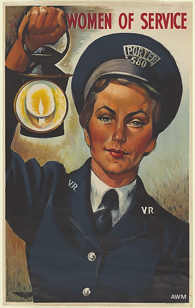 Lithograph of Victorian Railways porter in uniform, compirisng grey-blue blazer and hat, with white shirt. The woman is holding a lamp with a white light. Across the top of the poster are the words “WOMEN OF SERVICE” in red.