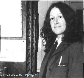 Woman with shoulder length black hair wearing blazer, with VR gold insignia on pocket. Linda is from New Zealand, came to Melbourne and needed a temporary job and noticed an advertisement for a station assistant.