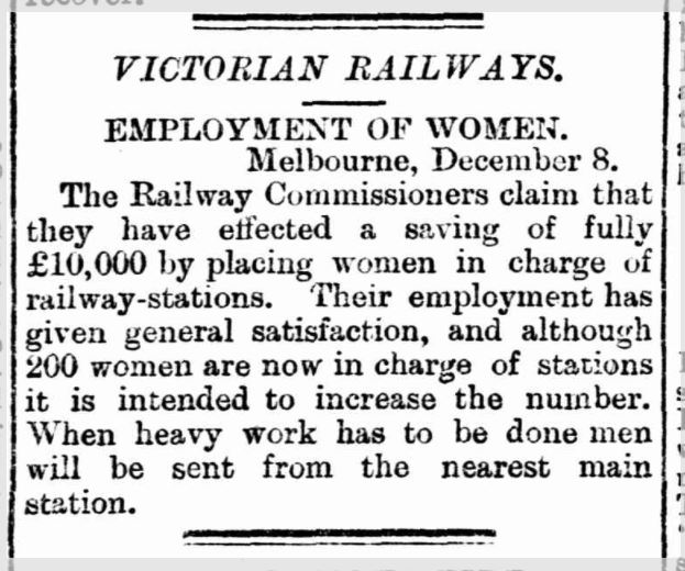 Newspaper clipping with text about the Employment of Women in the Victorian Railways in 1893.