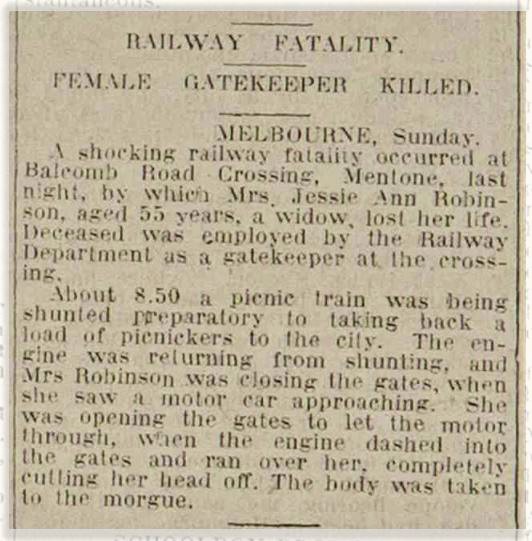 Newspaper clipping with text about the Railway Fatality of a female gatekeeper killed working in Melbourne in 1914.